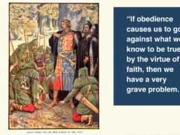 Robin Hood and his men kneel to the king with quote "If obedience causes us to go against what we know to be true by the virtue of faith, then we have a very grave problem."