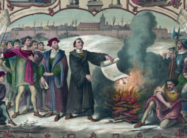 Martin Luther burning the papal bull that excommunicated him from the Roman Catholic Church in 1520, with other scenes from Luther's life and portraits of other Reformation figures, lithograph by H. Breul, c. 1874. Library of Congress, Washington, D.C. (digital file no. 00297u)